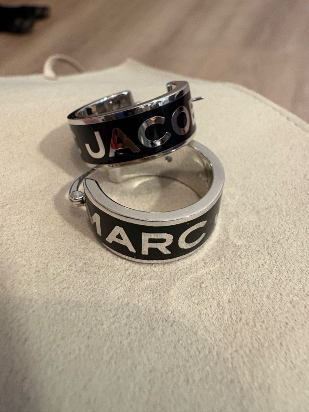 NWOT Marc Jacobs Black and Silver Button Logo Hoop Earrings